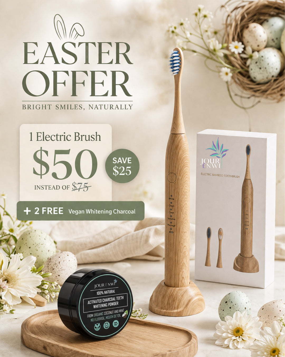 Jourenwi™️ ADULTS Electric Bamboo Toothbrush | Free Whitening charcoal + Free delivery